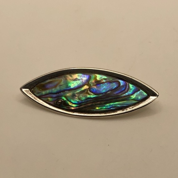 Vtg Sterling & Abalone Marquis Shaped Brooch 1.9” x .6” - Picture 2 of 5